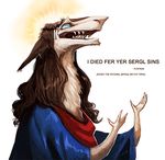  blood blue_eyes brown_hair collaboration crown_of_thorns hair jeeses jesus_christ long_hair maelice male murcifer open_mouth plain_background religion sergal solo thorn_crown white_background 