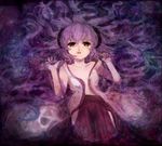  1girl bad_id bad_pixiv_id hakama hanyuu higurashi_no_naku_koro_ni horns japanese_clothes long_hair lying open_clothes purple purple_hair purple_hakama red_hakama solo 