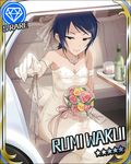  artist_request bare_shoulders black_eyes blue_hair bouquet breasts card_(medium) character_name cleavage collarbone diamond_(symbol) dress flower gloves idolmaster idolmaster_cinderella_girls jewelry medium_breasts necklace official_art short_hair sitting smile solo wakui_rumi wedding_dress 