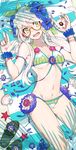  akiyoshi_nozomu flower green_eyes hair_flower hair_ornament long_hair lying navel original sandals seashell shell shoes_removed solo white_hair 