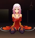  aki99 bare_shoulders blush bodysuit breast_hold breasts cleavage covering detached_sleeves fingerless_gloves gloves guilty_crown hair_ornament hairclip highres leotard long_hair medium_breasts off_shoulder pink_hair red_eyes red_leotard sitting solo thighhighs twintails yuzuriha_inori 
