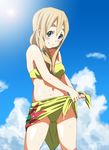  bad_id bad_pixiv_id bikini blonde_hair blue_eyes cloud day k-on! kotobuki_tsumugi long_hair navel print_sarong sarong sarong_lift skirt solo swimsuit watanore wringing_clothes wringing_skirt yellow_sarong 