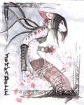  2007 avoid_posting bared_teeth belt bleeding blood breasts claws emo exposed_midriff jennadelle mimi plain_background stitches striped_tail tentacles watercolour white_background 