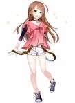  :d bad_id bad_pixiv_id brown_hair casual choker collarbone green_eyes long_hair open_mouth original shorts simple_background smile solo white_background yuzuki_kihiro 