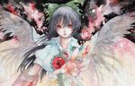  bad_id bad_pixiv_id bangs black_hair bow cape dress_shirt feathered_wings fire frills gem hair_bow lips long_hair outstretched_hand pinkxxxna red_eyes reiuji_utsuho shirt solo torn_clothes touhou traditional_media upper_body watercolor_(medium) wings 