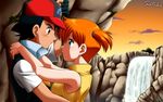  1girl aqua_eyes blush eye_contact fingerless_gloves gloves hat hetero hug kasumi_(pokemon) laura_jimenez looking_at_another orange_hair pokemon pokemon_(anime) pokemon_ag rope satoshi_(pokemon) short_hair side_ponytail water waterfall 