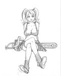  breasts chainsaw cheerleader cleavage clothes_writing crop_top crossed_legs greyscale highres juliet_starling large_breasts lips lollipop_chainsaw midriff monochrome shiwasu_no_okina sitting sketch skirt smile thighhighs twintails 