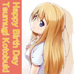  blonde_hair blue_eyes character_name eyebrows from_side happy_birthday highres k-on! kotobuki_tsumugi long_hair miu_(angelo_whitechoc) shirt smile solo thick_eyebrows white_shirt 