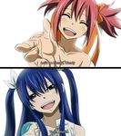  2girls blue_hair blush brown_eyes chelia_blendy eyes_closed fairy_tail fangs kurumierika multiple_girls ribbon simple_background smile subtitled subtitles tattoo torn_clothes wendy_marvell 