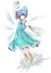  absurdres blue_eyes blue_hair blush bow cirno diamond hair_bow highres ice ice_wings natsume_riu open_mouth short_hair short_sleeves simple_background solo touhou wings 