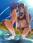  ass back bikini blue_hair breasts cleavage face-to-face front-tie_top groin highres idolmaster idolmaster_(classic) idolmaster_2 inflatable_raft inflatable_toy large_breasts miura_azusa multiple_girls multiple_riders riding shijou_takane shinjiro sideboob silver_hair strap_gap swimsuit trefoil water 