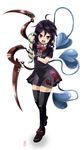  ahoge alternate_wings asymmetrical_wings black_hair black_legwear blush bow frills heart highres houjuu_nue iyoda_mato miniskirt open_mouth red_eyes short_hair short_sleeves simple_background skirt snake solo thighhighs touhou wings wrist_cuffs zettai_ryouiki 