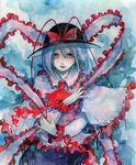  ascot bad_id bad_pixiv_id blue_background bow capelet empty_eyes frills hair_between_eyes hat hat_bow lips long_sleeves looking_at_viewer nagae_iku parted_lips pinkxxxna purple_hair red_eyes shawl short_hair solo touhou traditional_media watercolor_(medium) 