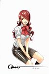  between_legs bow dated hair_over_one_eye hand_between_legs invisible_chair kirijou_mitsuru long_hair marker_(medium) omar_dogan persona persona_3 red_eyes red_hair school_uniform signature simple_background sitting skirt smile solo traditional_media 