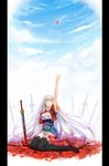  arm_up blood cloud field_of_blades highres long_hair outstretched_hand pixiv_fantasia pixiv_fantasia_sword_regalia planted_sword planted_weapon ryuuzaki_ichi silver_hair sitting sky solo sword thighhighs very_long_hair weapon yellow_eyes 