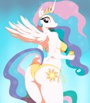  2012 anthro bikini breasts butt crown cutie_mark equine female friendship_is_magic hair horn horse long_hair looking_at_viewer looking_back multi-colored_hair my_little_pony pony princess_celestia_(mlp) skimpy smile soda solo sunnysoda winged_unicorn wings 
