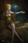  a_song_of_ice_and_fire bare_legs barefoot blonde_hair cersei_lannister circlet city corset dress green_eyes highres long_hair makeup realistic seat solo teiiku_(artist) veil 