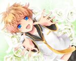  :d bad_id bad_pixiv_id blue_eyes brown_hair kagamine_len male_focus open_mouth outstretched_arms sakura_ran smile solo vocaloid 