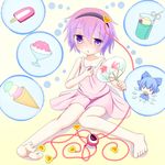  blue_eyes blue_hair blush bow choko_(mixberry_parfait) cirno collarbone fan food gradient_hair hair_bow heart heart-shaped_pupils highres ice ice_cream ice_wings juice komeiji_satori multicolored_hair multiple_girls open_mouth popsicle purple_hair shaved_ice short_hair sleeveless sweat sweatdrop symbol-shaped_pupils third_eye touhou wings 