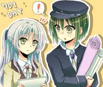  1girl angel_beats! bad_id bad_pixiv_id blazer green_hair hat jacket long_hair nakamura_hinato naoi_ayato rolled_up_paper school_uniform short_hair silver_hair tenshi_(angel_beats!) yellow_eyes 