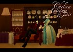  1girl alucard_(hellsing) black_hair blonde_hair bustle cabinet closed_umbrella dress formal gloves hat hellsing kettle lamp moto_ho parasol plate seras_victoria sitting teapot top_hat umbrella victorian 