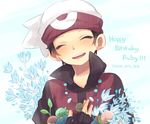  berries black_hair blush character_name closed_eyes flower happy_birthday hat holding jewelry male_focus necklace pokemon pokemon_special ruby_(pokemon) saku_anna smile solo 