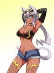  :p animal_ears aqua_eyes armpits arms_up ass bikini_top breasts cat_ears cat_tail cutoffs dark_skin dream_demon elbow_gloves eyewear_on_head fishnets gloves high_heels huge_breasts kaiten_muten-maru long_hair navel ponytail shamu_meruruusa shoes short_shorts shorts solo sunglasses tail thighhighs tongue tongue_out white_hair yellow-framed_eyewear 