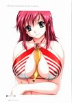  absurdres artbook banana between_breasts bikini_top boin breasts food fruit green_eyes hair_ornament hairclip happoubi_jin highres huge_breasts iihara_nao long_hair looking_at_viewer pink_hair sexually_suggestive solo striped swimsuit 