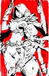  1girl armor arrow ass bow_(weapon) breasts crossbow demon_hunter diablo diablo_3 gloves highres hood large_breasts monochrome navel panties po-ju quiver red_background signature sketch standing thighhighs traditional_media underwear weapon 