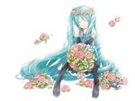  aqua_eyes aqua_hair boots bouquet cielo_(cielo_illust) closed_eyes detached_sleeves flower hatsune_miku head_wreath long_hair necktie rose simple_background sitting skirt solo thigh_boots thighhighs twintails very_long_hair vocaloid white_background 