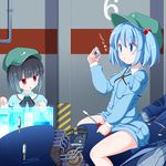  black_hair blue_eyes blue_hair bob_cut chestnut_mouth dark_haired_kappa extra hair_bobbles hair_ornament hat highres holographic_touchscreen kappa_mob kawashiro_nitori key machine multiple_girls nikku_(ra) red_eyes screwdriver short_hair sitting straddling touhou two_side_up 