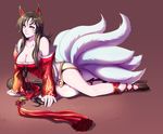  ahri amaranth animal_ears breasts brown_hair cleavage facial_mark fox_tail korean_clothes large_breasts league_of_legends long_hair solo tail whisker_markings yellow_eyes 