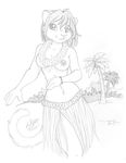  breasts cat clothed clothing dancing feline female grass_skirt hula hula_girl looking_at_viewer mammal michele_light monochrome nipple_slip nipples sketch skimpy skirt solo topless 