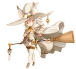  animal_ears breasts broom cape ears_through_headwear hat holding medium_breasts original ran_system silver_eyes silver_hair simple_background smile solo thighhighs white_background white_legwear witch witch_hat 