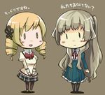  :d blonde_hair braid breasts brown_hair crossover drill_hair es_(eisis) hair_ornament kiba_mifuyu koi_to_senkyo_to_chocolate long_hair mahou_shoujo_madoka_magica medium_breasts mizuhashi_kaori multiple_girls open_mouth pantyhose plaid plaid_skirt pleated_skirt school_uniform seiyuu_connection simple_background skirt smile tomoe_mami twin_braids |_| 