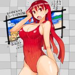  1girl ^_^ blonde_hair breasts bursting_breasts character_name checkered checkered_background chibi chibi_inset closed_eyes dated double_v large_breasts mori_hikiko navel one-piece_swimsuit original partially_translated red_eyes red_hair swimsuit teriyaki translation_request v 