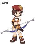  androgynous bow_(weapon) brown_eyes brown_hair character_name chibi copyright_name flat_chest hat midriff navel ragnarok_online short_hair sniper_(ragnarok_online) solo weapon yuichirou 
