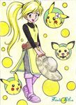  :d blonde_hair chikorita85 chuchu_(pokemon) dress flat_chest gen_1_pokemon gen_2_pokemon hair_ornament hat hat_removed headwear_removed holding holding_hat long_hair open_mouth pichu pika_(pokemon) pikachu poke_ball pokemon pokemon_(creature) pokemon_special signature smile traditional_media waist_poke_ball yellow yellow_(pokemon) yellow_background yellow_dress 