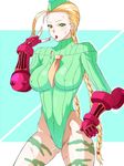  1girl blonde_hair blood breasts cammy_white capcom erect_nipples hdkg large_breasts licking pigtails pixiv_thumbnail resized scar street_fighter twintails 