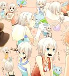  1girl animal bad_id bad_pixiv_id bare_shoulders blue_eyes cat collarbone fairy_tail from_behind from_side grin halterneck happy_(fairy_tail) highres holding kerchief lisanna_strauss mermaid monster_girl monsterification natsu_dragneel pillow pointy_ears puuma_(pixiv1277374) shirt short_hair silver_hair sleeping sleeveless sleeveless_shirt smile teeth upper_body whiskers 