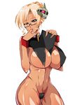  1girl blonde_hair blue_eyes breasts dark_skin finger_in_mouth glasses hdkg large_breasts naughty_face panties solo underwear 