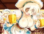  alcohol apron beer bent_over blonde_hair breasts brown_eyes cleavage dirndl drunk elf german_clothes hat large_breasts multiple_girls open_mouth original pointy_ears sakaki_(noi-gren) short_hair skirt solo_focus standing waitress 