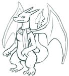  black_and_white charizard fire haychel looking_at_viewer male monochrome nintendo pok&#233;mon pok&eacute;mon scarf sketch solo video_games wings 