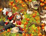  1girl :d aspear_berry autumn berries blue_eyes brown_hair chikorita85 couple creature fang gen_3_pokemon grass hat hetero leaf nature odamaki_sapphire open_mouth pokemon pokemon_(creature) pokemon_special red_eyes ruby_(pokemon) sitting smile tree zigzagoon 