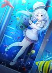  bare_shoulders blue_eyes bubble collar corded_phone fish full_body hat holding long_hair original phone phone_booth silver_hair snow_(gi66gotyo) solo surreal underwater 