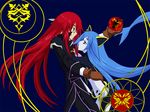  1boy 1girl animal_ears aqua_(tales_of_symphonia) blue_background blue_eyes blue_hair coat earrings glasses green_eyes grey_skin jewelry long_hair miko_embrace pants red_hair richter_abend tales_of_(series) tales_of_symphonia tales_of_symphonia_knight_of_ratatosk 