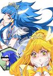 aoki_reika bar_censor blonde_hair blue_eyes blue_hair bow censored choker crossover cure_beauty cure_peace hair_flaps identity_censor kise_yayoi long_hair look-alike magical_girl multiple_girls precure simple_background smile_precure! sonic sonic_the_hedgehog tiara tima white_background yellow_bow yellow_eyes 