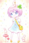  arms_behind_back bag blue_eyes blush bunny clover colored_pencil_(medium) dress flower hair_accessory hair_ornament handbag hiiragi_tsukasa leica lucky_star mushroom purple_hair purse shoes star stars traditional_media 