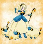  blonde_hair brown_eyes chikorita85 creature curly_hair dress full_body gen_2_pokemon holding mareep moemon personification pokemon pokemon_(creature) sheep standing yellow_background 