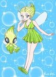  :d blue_background blue_eyes bubble_background celebi chikorita85 collarbone dress fairy fairy_wings flying gen_2_pokemon green_hair green_skirt hand_on_own_face hands_on_own_face legendary_pokemon moemon open_mouth personification pointy_hair pokemon pokemon_(creature) shoes short_dress short_hair signature skirt smile solo traditional_media wings 